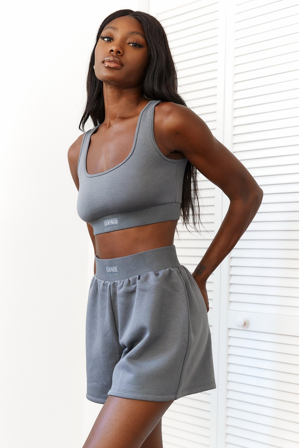 Lounge Underwear Essential Crop Top & Shorts Set Charcoal | OCDU-37182