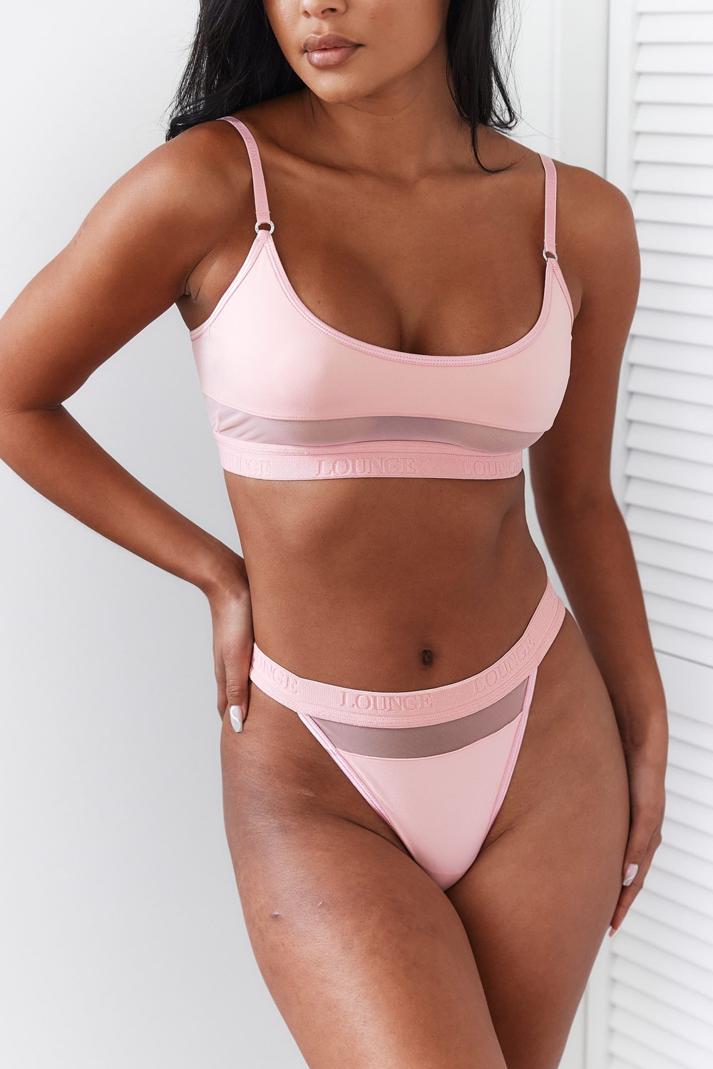 Lounge Underwear Mesh Bra & String/Briefs Set Rosa | WXTG-29815