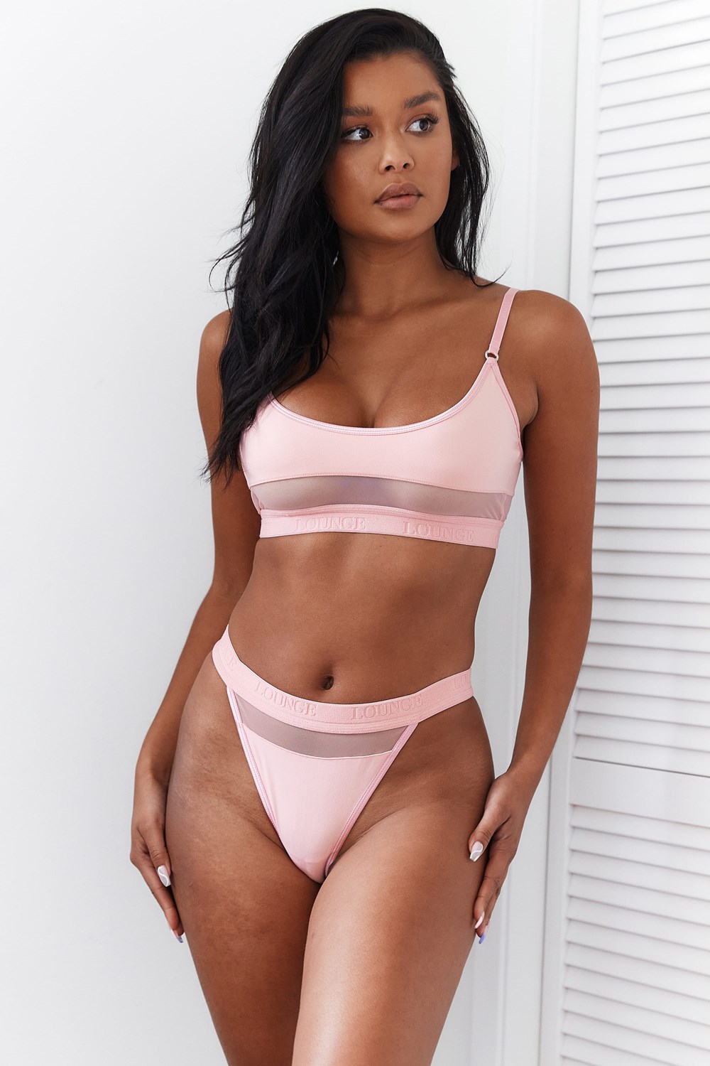 Lounge Underwear Mesh Bra & String/Briefs Set Rosa | WXTG-29815