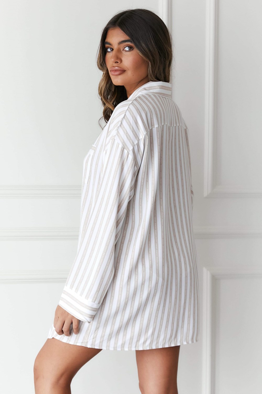 Lounge Underwear Pinstripe Oversized Pyjama Shirt & Briefs Set Mink | BIEQ-32746