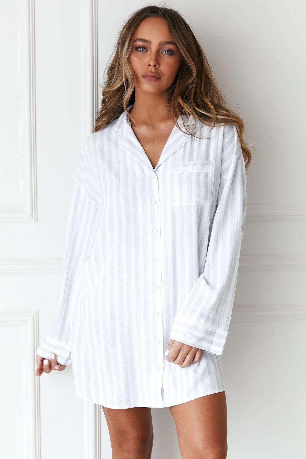 Lounge Underwear Pinstripe Oversized Pyjama Shirt & Briefs Set Frost | NBUC-62041