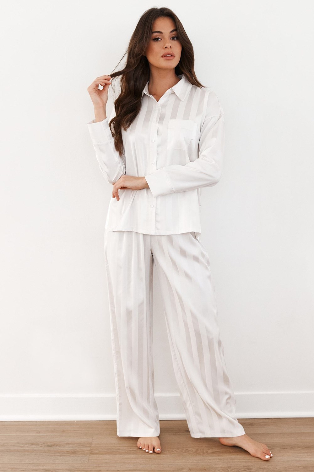 Lounge Underwear Randig Satin Pajama Trousers Pearl | XWAR-46938