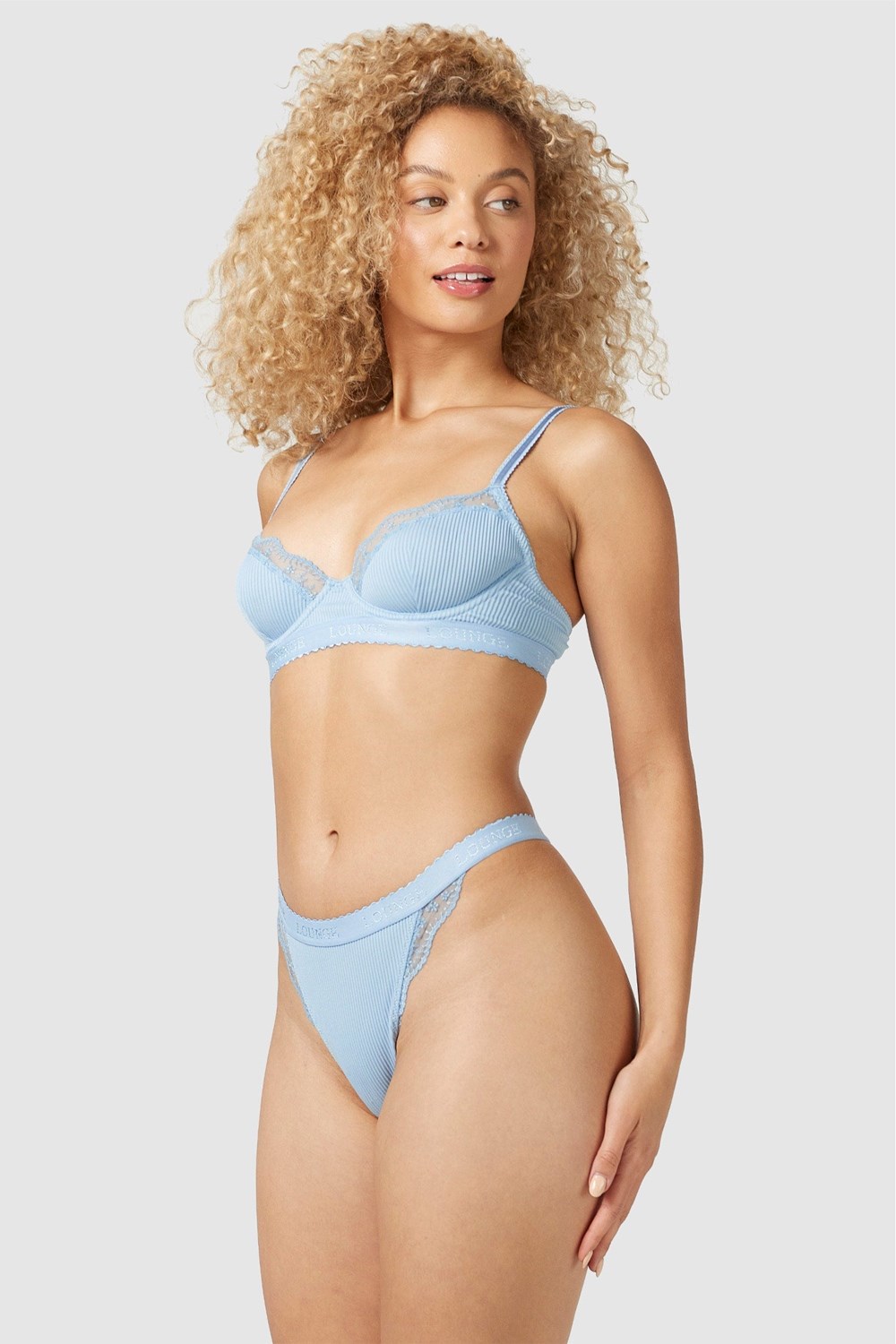 Lounge Underwear Räfflad Balcony Bra & String/Briefs Set Blå | LTCG-08236