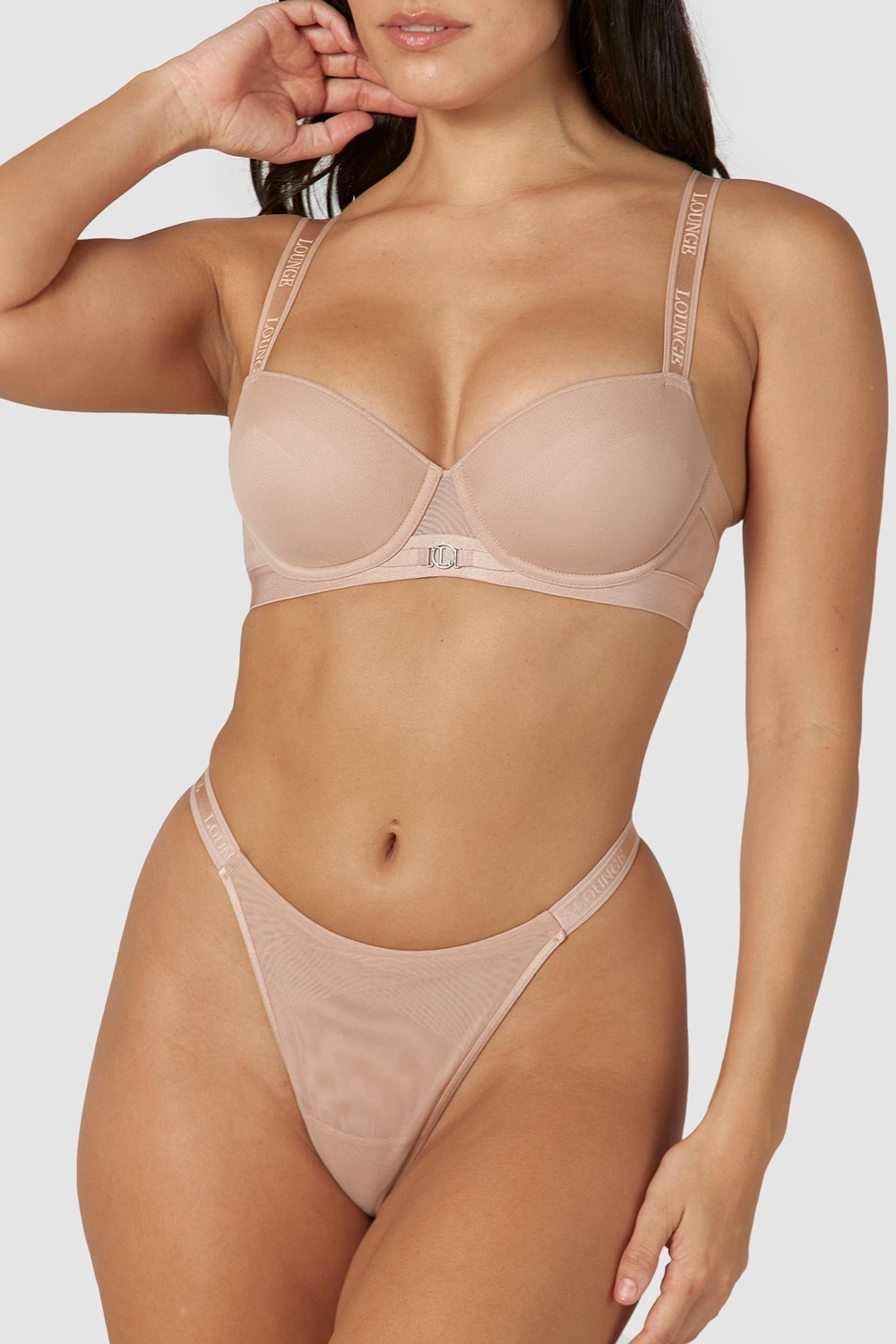 Lounge Underwear Smooth Mesh T-shirt Bra & String/Briefs Set Taupe | AQYN-58476