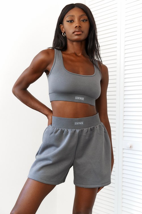 Lounge Underwear Essential Crop Top & Shorts Set Charcoal | OCDU-37182