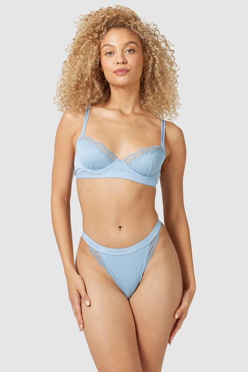 Lounge Underwear Räfflad Balcony Bra & String/Briefs Set Blå | LTCG-08236